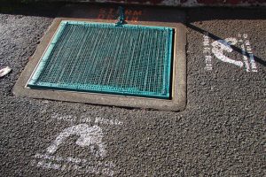 Small screens prevent leaves from entering the storm drain system.