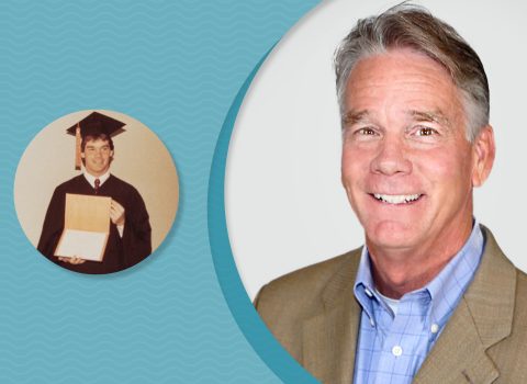 Image of Keith London receiving undergraduate diploma on left. On right, image of Keith London graduating with his masters.