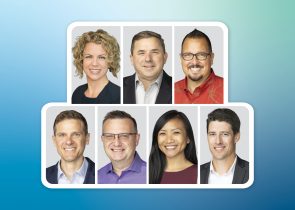 KJ Promotions Announcement Hero Image. Headshots of 7 KJ employees on a blue gradient background.