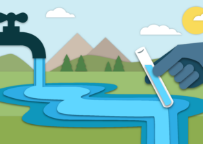 Blog Hero Image: Update on PFAS (per- and polyfluoroalkyl substances) Rulemaking. A water faucet is on the left. A blue puddle of water is in the center. A hand holding a lab test tube is to the right. In the background are mountains, blue sky, and the sun.