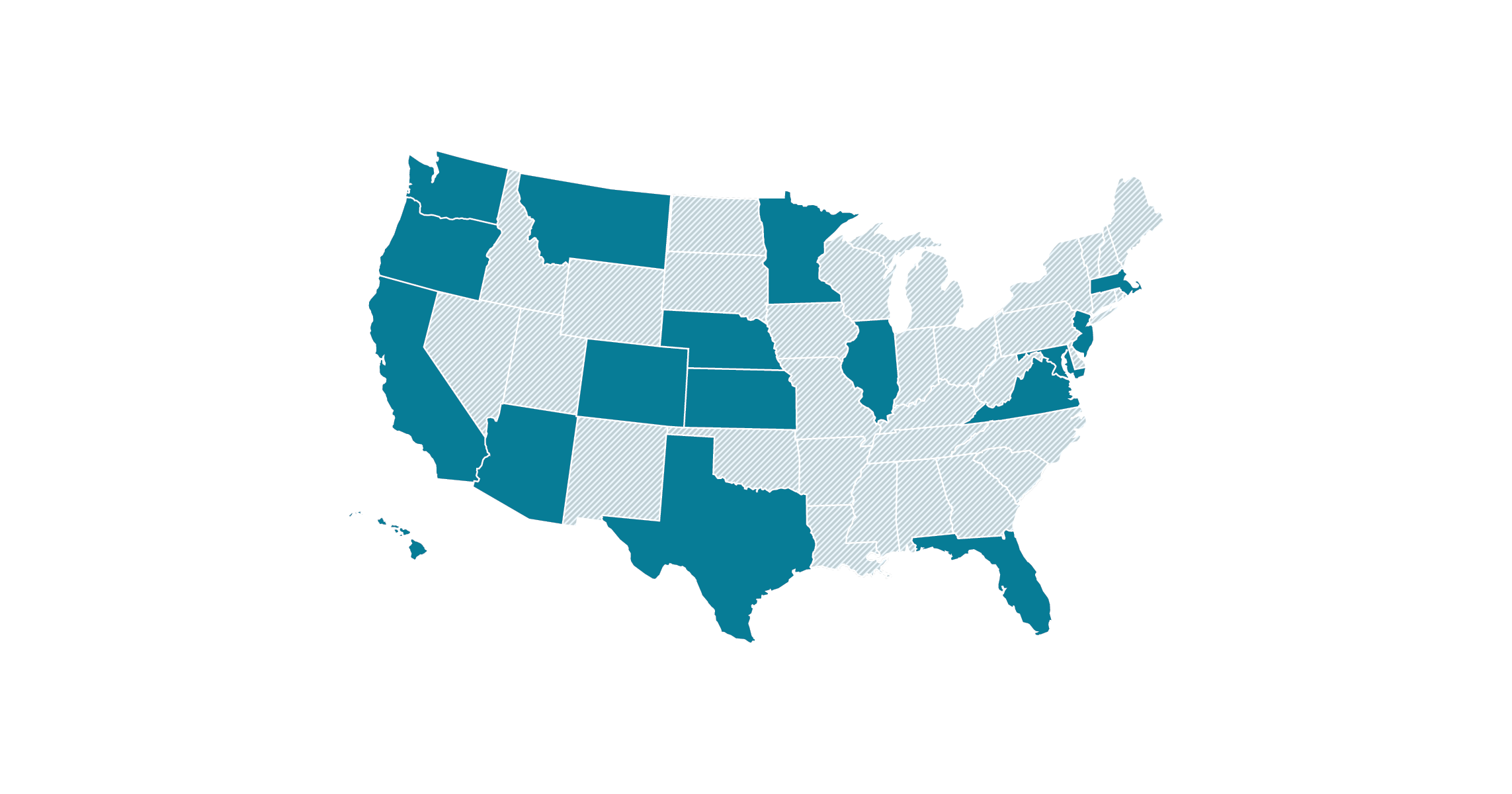A grey map of the US with some states highlighted in blue. The states highlighted in blue are where KJ has office locations.